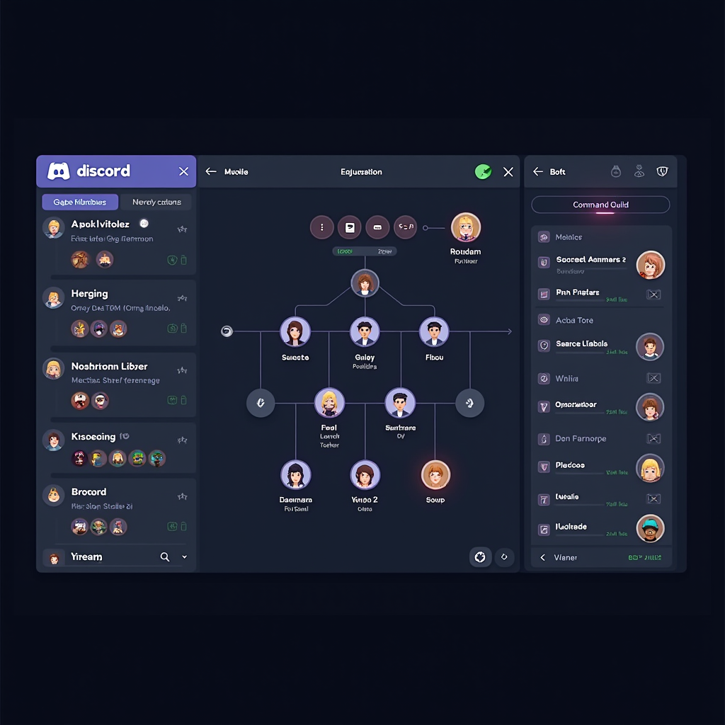 Modern Discord interface showing guild channels, voice chat rooms, and bot commands for MMORPG raid coordination with multiple user avatars and organizational hierarchy