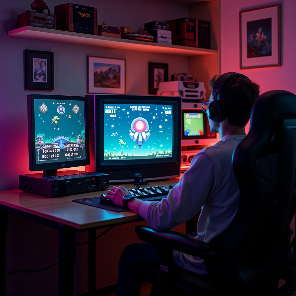 Professional speedrunner at their gaming station with classic CRT monitor displaying Super Metroid gameplay, multiple timers, and retro gaming collectibles in background