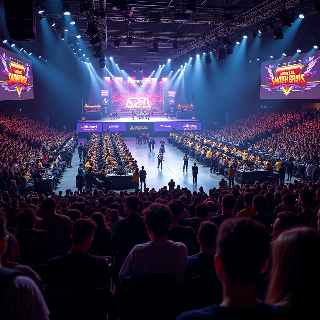 Large fighting game community tournament with multiple game stations showing Street Fighter, Tekken, Mortal Kombat, and Smash Bros. setups, diverse crowd of players and spectators cheering together, professional esports venue with bright stage lighting and large screens displaying various fighting games