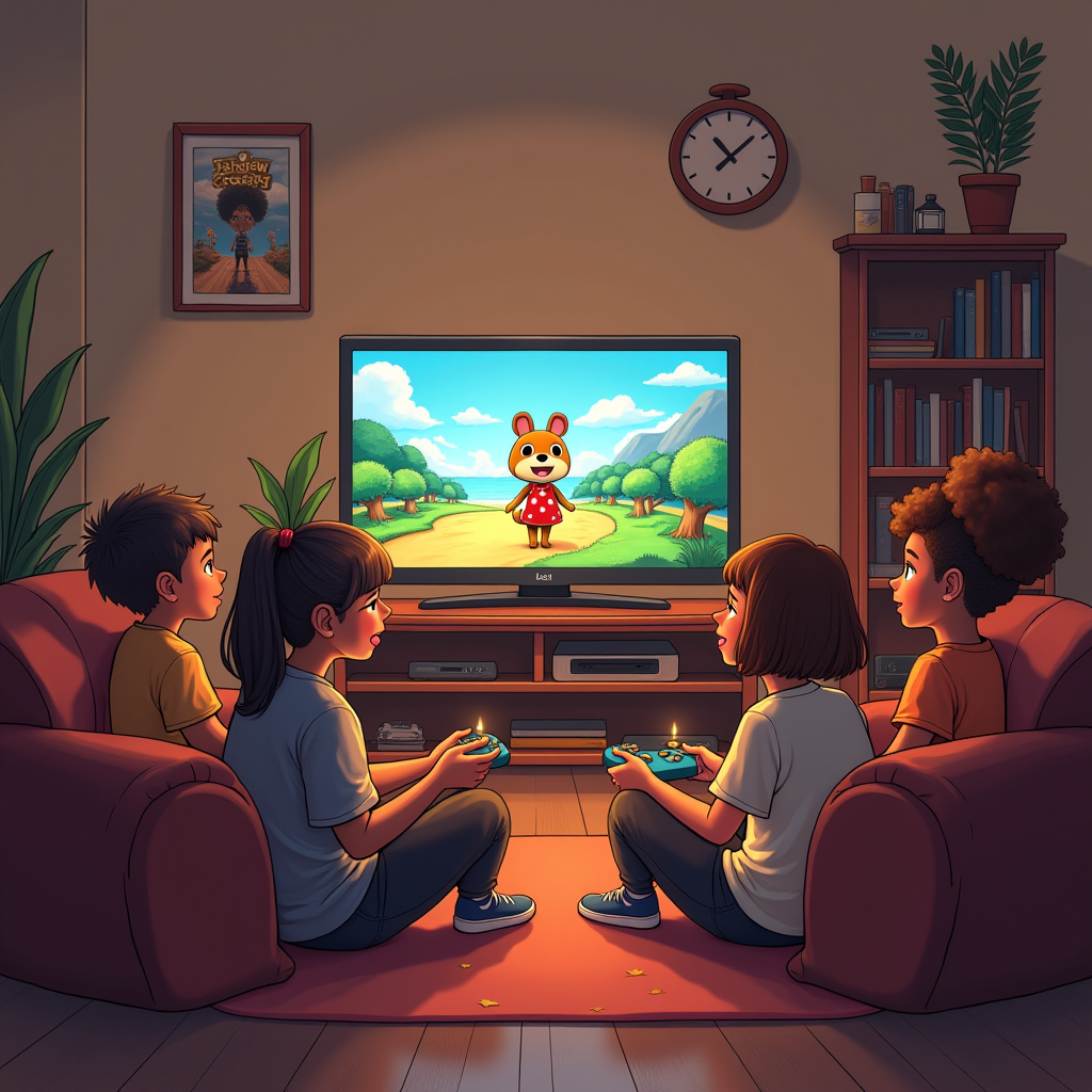 A warm, inviting illustration showing diverse gamers of different ages and backgrounds gathered around screens displaying Stardew Valley, Animal Crossing, and Unpacking, with soft lighting and comfortable furniture creating a welcoming atmosphere