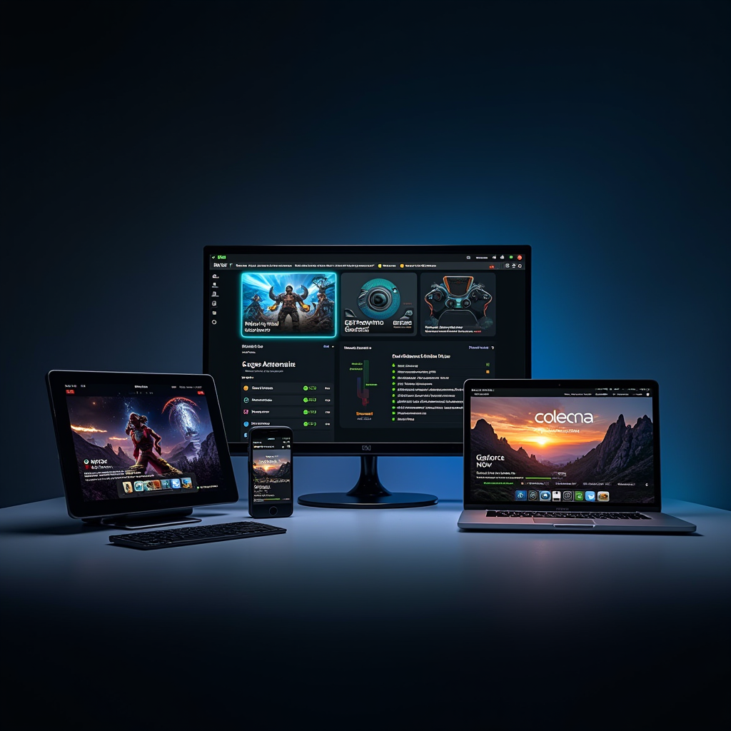 Modern dashboard showing multiple cloud gaming services including Xbox Cloud Gaming, GeForce NOW, and PlayStation Plus Premium interfaces displayed on various devices including smartphones, tablets, and laptops, representing the multi-platform accessibility of cloud gaming