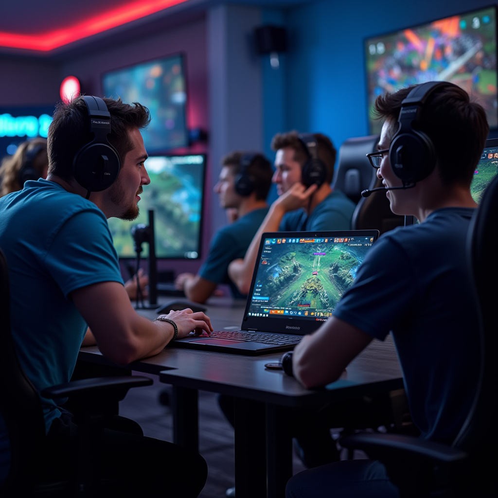 MOBA gaming community members strategizing together in a competitive team environment with tactical displays and communication tools