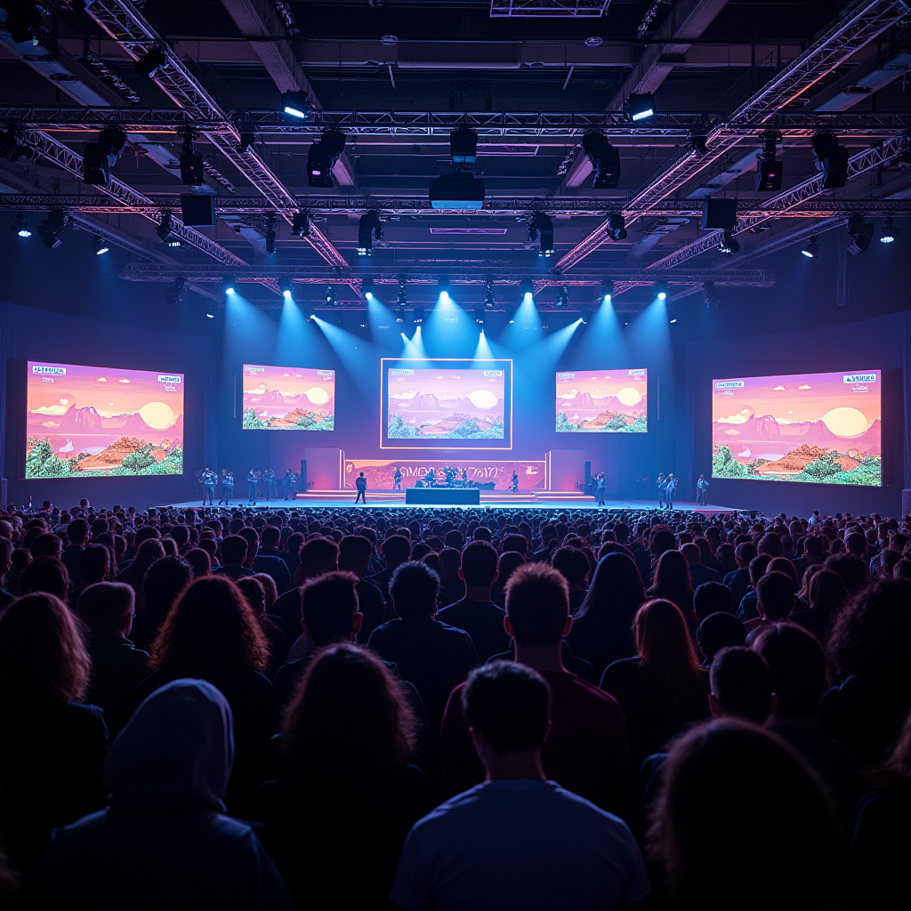 Packed gaming convention hall featuring speedrunning tournament with multiple large screens displaying classic games, enthusiastic crowd, professional lighting and stage setup