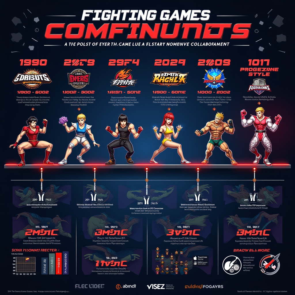 Visual timeline infographic showing the evolution of fighting game communities from 1990s arcade era through 2025, featuring iconic game logos, key tournament milestones, and community growth statistics with connecting lines showing increasing collaboration over time