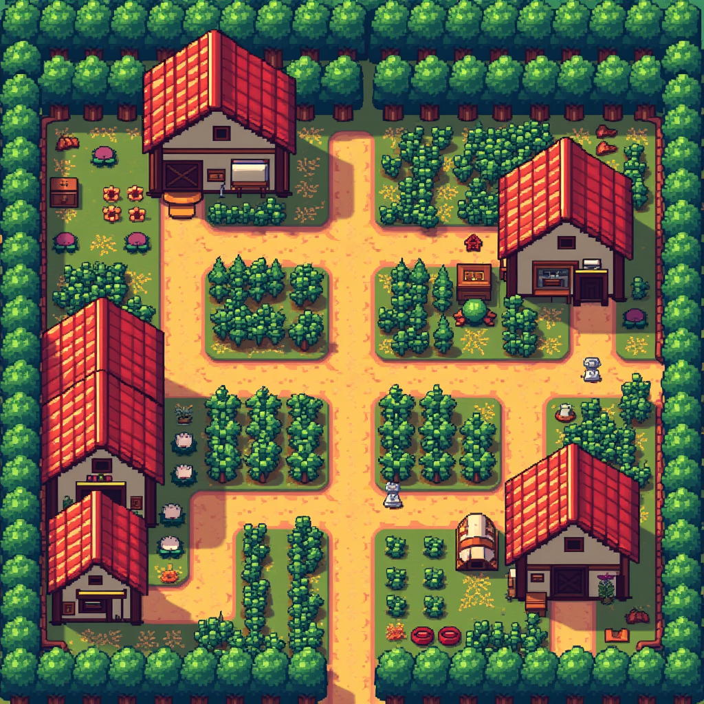 A beautiful pixel art farm from Stardew Valley showing organized crop fields, decorated pathways, and cozy farm buildings, representing the creative expression players share in cozy gaming communities