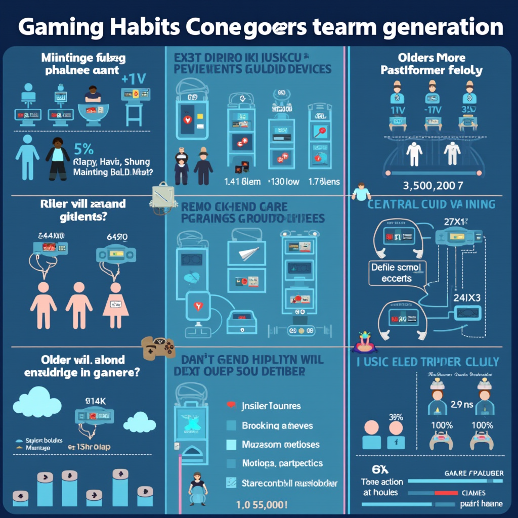 Infographic comparing gaming habits across generations, showing younger gamers using multiple devices and cloud services while older gamers remain more platform-loyal, with statistics and demographic breakdowns visualized through modern charts and icons
