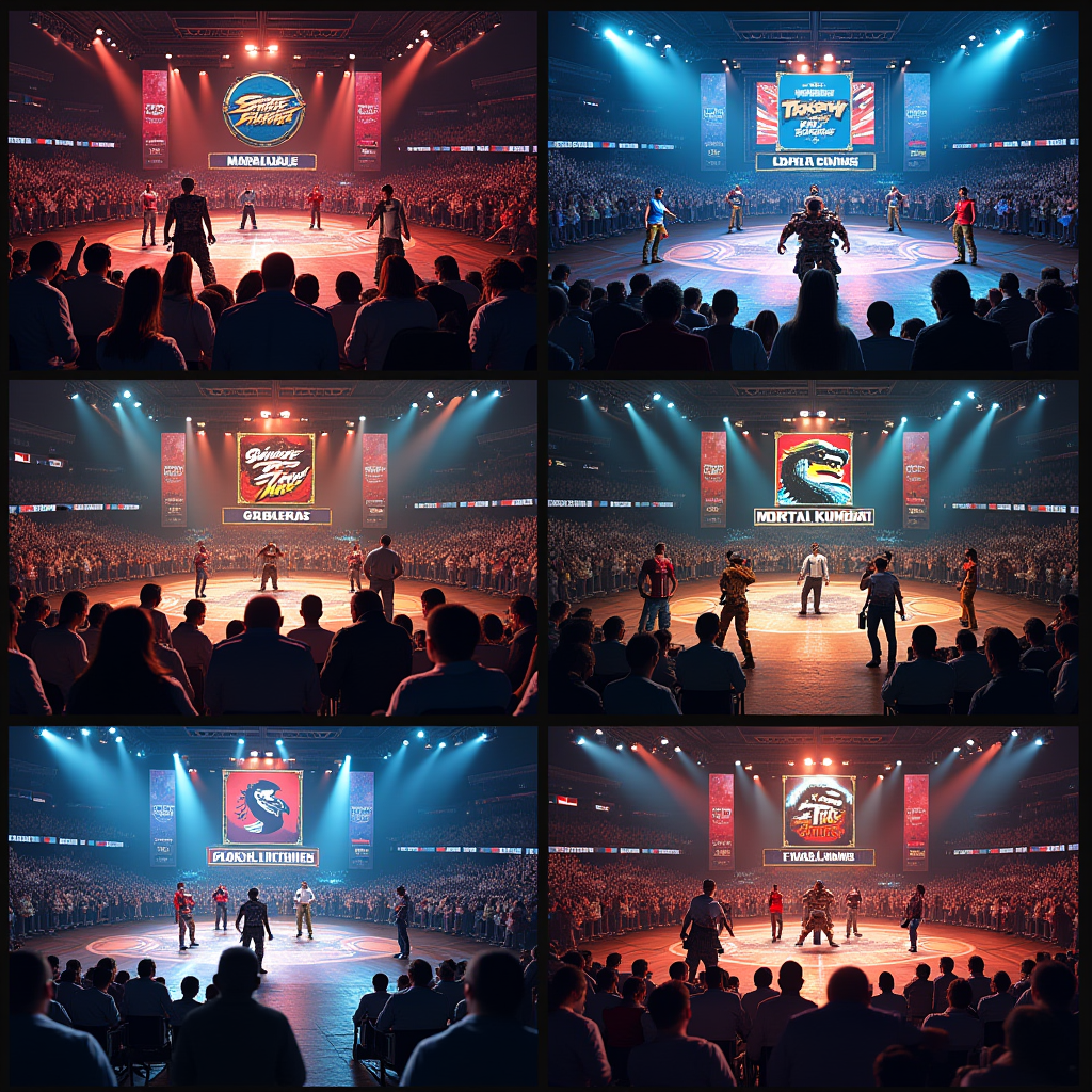 Collage of fighting game tournament scenes featuring Street Fighter, Tekken, Mortal Kombat, and Smash Bros logos with diverse players competing, spectators cheering, and cross-game collaboration banners
