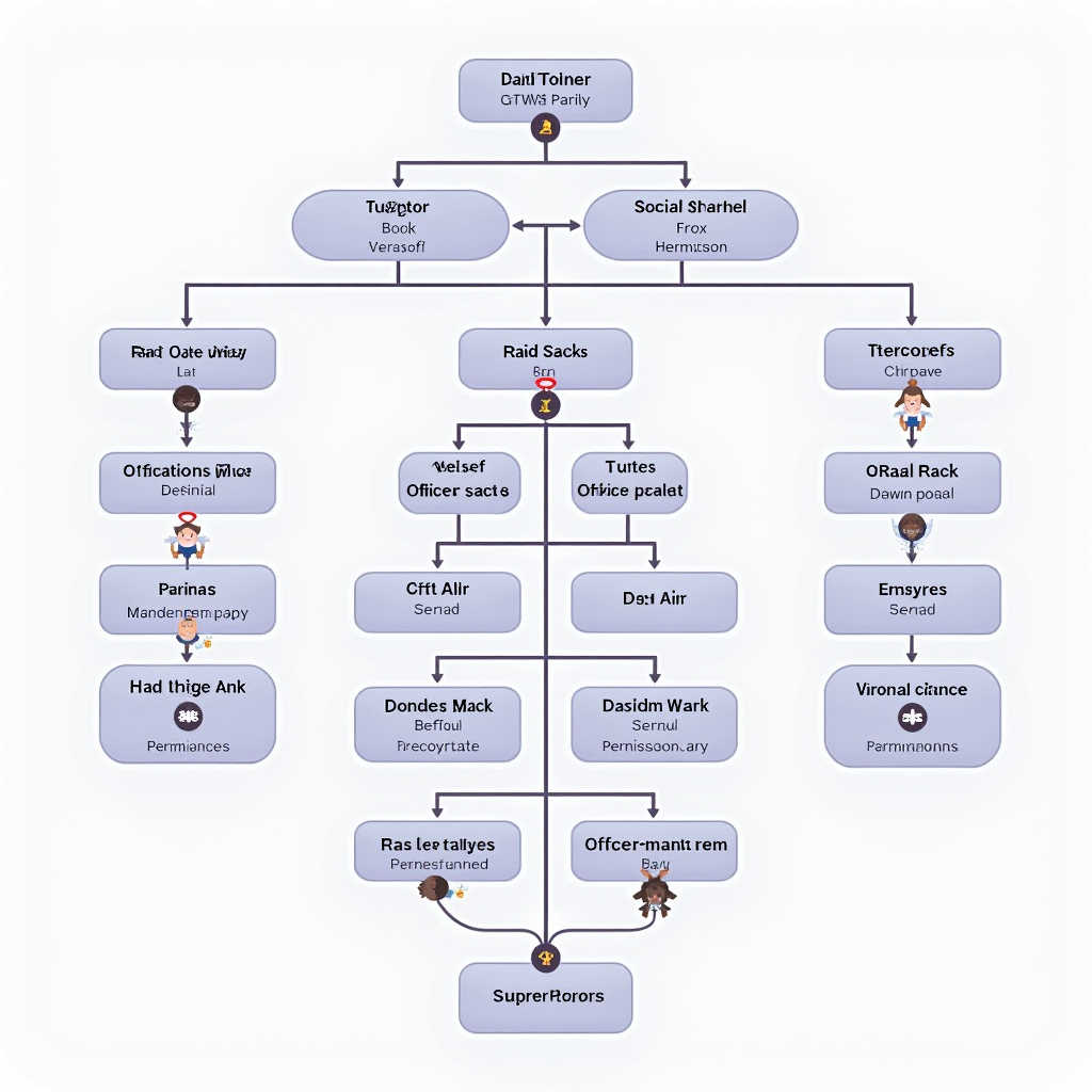 Detailed organizational chart showing Discord server structure with multiple voice channels categorized by activity type, including raid channels, dungeon groups, social spaces, and officer rooms with permission hierarchies