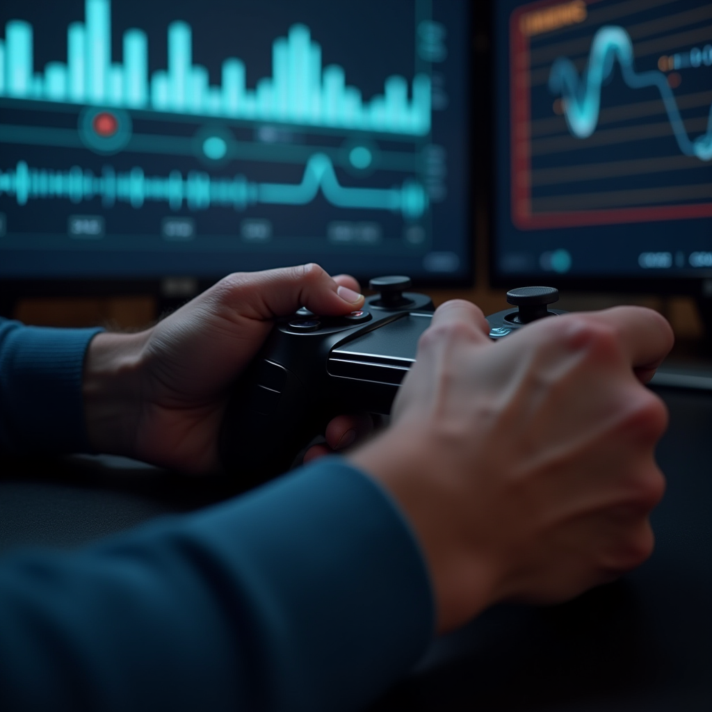 Detailed shot of speedrunner's hands executing frame-perfect inputs on controller, with technical overlay showing input display and game glitch being performed in real-time