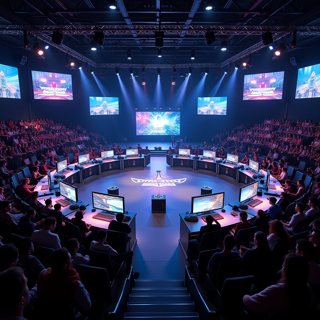 Modern tournament venue setup showing multiple fighting game stations arranged in a circular pattern around a central main stage, with players from different games interacting and spectating each other's matches, professional lighting and camera equipment capturing the unified event atmosphere
