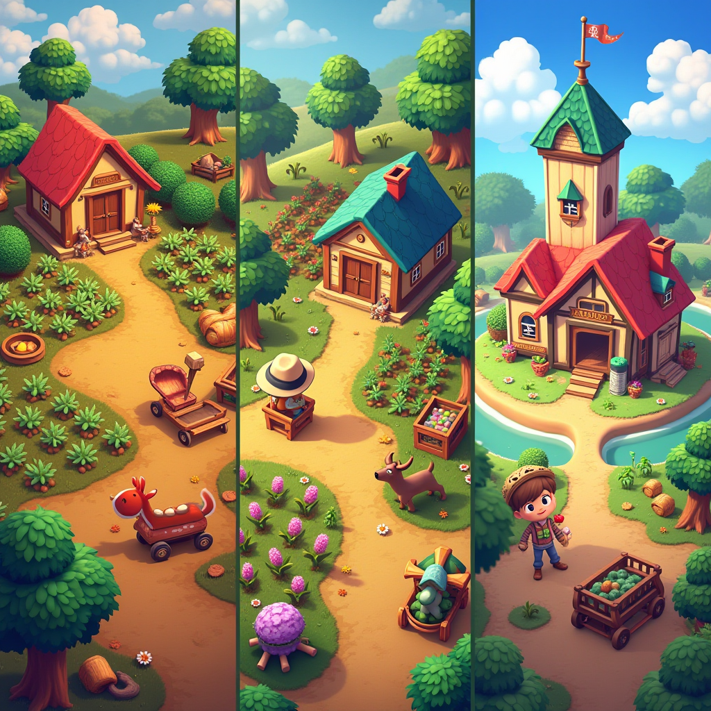 Warm and inviting composite image showing Stardew Valley farm with crops and animals, Animal Crossing island with decorated homes, and Unpacking game scene with carefully arranged belongings, emphasizing peaceful and creative gameplay atmosphere